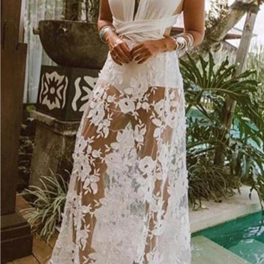 Elegant White Floral Sheer Maxi Dress